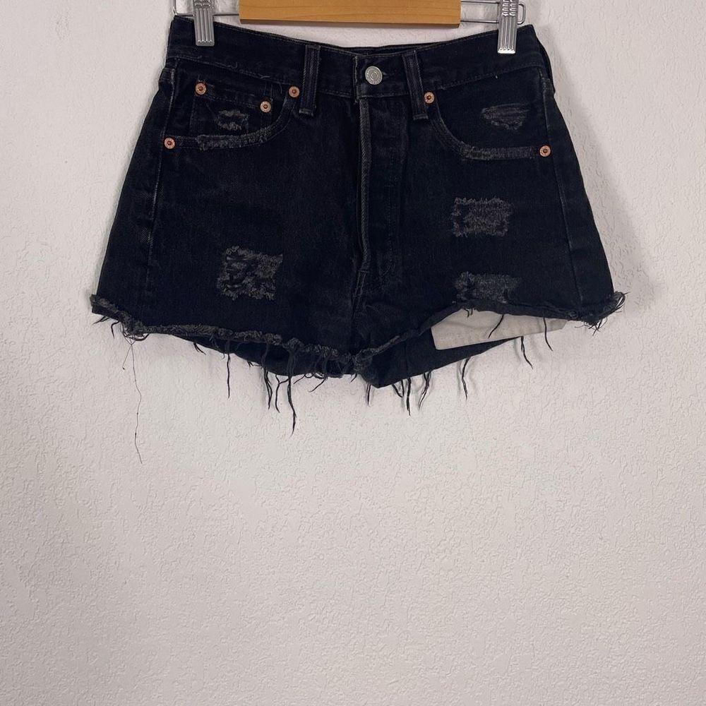 Levi’s Black 501 Hidden Button Fly Distressed High Waisted Jean Shorts Size 25